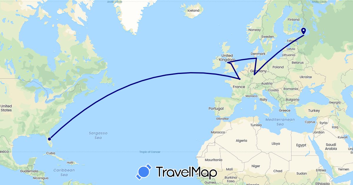 TravelMap itinerary: driving in Germany, France, United Kingdom, Russia, United States (Europe, North America)